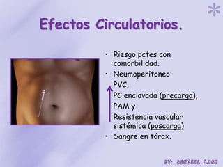 Efectos Circulatorios.
• Riesgo pctes con
comorbilidad.
• Neumoperitoneo:
PVC,
PC enclavada (precarga),
PAM y
Resistencia vascular
sistémica (poscarga)
• Sangre en tórax.
 