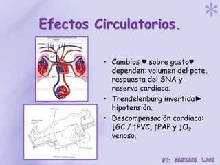 Efectos Circulatorios.
• Cambios ♥ sobre gasto♥
dependen: volumen del pcte,
respuesta del SNA y
reserva cardiaca.
• Trendelenburg invertida►
hipotensión.
• Descompensación cardiaca:
↓GC / ↑PVC, ↑PAP y ↓O2
venoso.
 