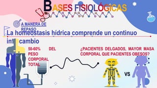 La homeostasis hídrica comprende un continuo
intercambio
A MANERA DE
REPASO
50-60% DEL
PESO
CORPORAL
TOTAL
¿PACIENTES DELG...