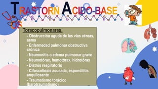 T A
Toracopulmonares.
• - Obstrucción aguda de las vías aéreas,
asma
• - Enfermedad pulmonar obstructiva
crónica
• - Neumo...