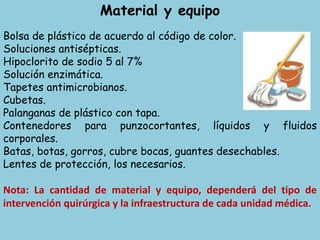 Material y equipo
Bolsa de plástico de acuerdo al código de color.
Soluciones antisépticas.
Hipoclorito de sodio 5 al 7%
Solución enzimática.
Tapetes antimicrobianos.
Cubetas.
Palanganas de plástico con tapa.
Contenedores para punzocortantes, líquidos y fluidos
corporales.
Batas, botas, gorros, cubre bocas, guantes desechables.
Lentes de protección, los necesarios.
Nota: La cantidad de material y equipo, dependerá del tipo de
intervención quirúrgica y la infraestructura de cada unidad médica.
 