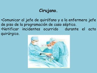 Cirujano.
•Comunicar al jefe de quirófano y a la enfermera jefe
de piso de la programación de caso séptico.
•Notificar incidentes ocurrido durante el acto
quirúrgico.
 