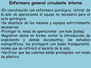 Enfermera general circulante interna
•En coordinación con enfermera quirúrgica, retirar de
la sala de operaciones el equipo no necesario para el
acto quirúrgico.
•Se abastece de los insumos y equipos estrictamente
necesarios.
•Proteger la mesa de operaciones con hule (bolsa)
•Registrar datos en forma, evitar la introducción de
expediente y demás documentos, los estudios
radiográficos, los protegerá con bolsa transparente,
misma que se retirará al sacarla de la sala.
•Verificar que las cubetas estén protegidas con bolsa
de plástico.
 