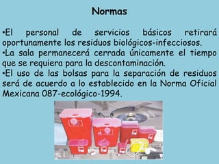 Normas
•El personal de servicios básicos retirará
oportunamente los residuos biológicos-infecciosos.
•La sala permanecerá cerrada únicamente el tiempo
que se requiera para la descontaminación.
•El uso de las bolsas para la separación de residuos
será de acuerdo a lo establecido en la Norma Oficial
Mexicana 087-ecológico-1994.
 