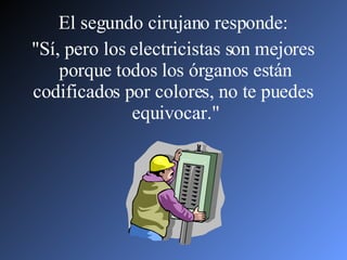El segundo cirujano responde:  "Sí, pero los electricistas son mejores  porque todos los órganos están codificados por colores, no te puedes  equivocar." 