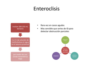 Enteroclisis
Instilan 200-250 mL
de bario

•
•

Rara vez en casos agudos
Mas sensible que series de ID para
detectar obstrucción parciales

detalles de la
mucosa,

1 a 2 L de solución de
metilcelulosa en agua
en el yeyuno proximal

Técnica
de doble
contraste

por medio de una
sonda mesentérica
larga

Superposición
de asas de ID

lesiones
relativamente
pequeñas

 