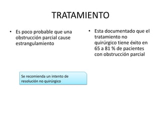 TRATAMIENTO
• Es poco probable que una
obstrucción parcial cause
estrangulamiento

Se recomienda un intento de
resolución no quirúrgico

• Esta documentado que el
tratamiento no
quirúrgico tiene éxito en
65 a 81 % de pacientes
con obstrucción parcial

 