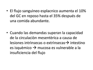• El flujo sanguìneo esplacnico aumenta el 10%
del GC en reposo hasta el 35% después de
una comida abundante.
• Cuando las demandas superan la capacidad
de la circulaciòn mesentèrica a causa de
lesiones intrìnsecas o extrìnsecas intestino
es isquèmico  mucosa es vulnerable a la
insuficiencia del flujo

 