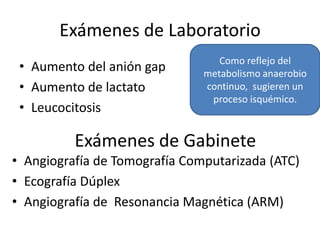 Exámenes de Laboratorio
• Aumento del anión gap
• Aumento de lactato
• Leucocitosis

Como reflejo del
metabolismo anaerobio
continuo, sugieren un
proceso isquémico.

Exámenes de Gabinete
• Angiografía de Tomografía Computarizada (ATC)
• Ecografía Dúplex
• Angiografía de Resonancia Magnética (ARM)

 