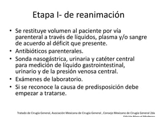 Etapa I- de reanimación
• Se restituye volumen al paciente por vía
parenteral a través de líquidos, plasma y/o sangre
de acuerdo al déficit que presente.
• Antibióticos parenterales.
• Sonda nasogástrica, urinaria y catéter central
para medición de líquido gastrointestinal,
urinario y de la presión venosa central.
• Exámenes de laboratorio.
• Si se reconoce la causa de predisposición debe
empezar a tratarse.
Tratado de Cirugía General, Asociación Mexicana de Cirugía General , Consejo Mexicano de Cirugía General 2da

 