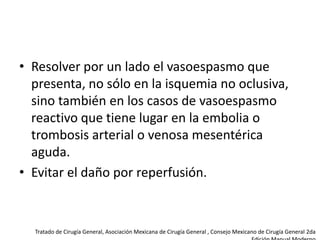 • Resolver por un lado el vasoespasmo que
presenta, no sólo en la isquemia no oclusiva,
sino también en los casos de vasoespasmo
reactivo que tiene lugar en la embolia o
trombosis arterial o venosa mesentérica
aguda.
• Evitar el daño por reperfusión.

Tratado de Cirugía General, Asociación Mexicana de Cirugía General , Consejo Mexicano de Cirugía General 2da

 