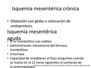 Isquemia mesentérica crónica
• Dilatación con globo o colocación de
endoprotesis.

Isquemia mesentérica
aguda
• El tx trombolítico con catéter.
• Administración intraarterial del fármaco
trombolítico.
• Urocinasa .
• Capacidad de restablecer el flujo sanguíneo cuando
se realiza en la 12 horas siguientes al comienzo de
Schwartz Principios de Circuía, BrunicardiF. Charles 9na Edición Mac Graw Hill
la sintomatología.

 