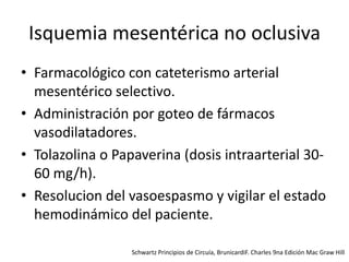 Isquemia mesentérica no oclusiva
• Farmacológico con cateterismo arterial
mesentérico selectivo.
• Administración por goteo de fármacos
vasodilatadores.
• Tolazolina o Papaverina (dosis intraarterial 3060 mg/h).
• Resolucion del vasoespasmo y vigilar el estado
hemodinámico del paciente.
Schwartz Principios de Circuía, BrunicardiF. Charles 9na Edición Mac Graw Hill

 