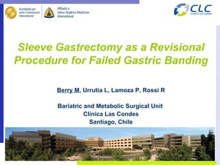 Sleeve Gastrectomy as a Revisional
Procedure for Failed Gastric Banding

        Berry M, Urrutia L, Lamoza P, Rossi R

        Bariatric and Metabolic Surgical Unit
                  Clínica Las Condes
                    Santiago, Chile
 