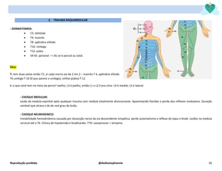 Reprodução proibida. @dediostephannie 18
2. TRAUMA RAQUIMEDULAR
- DERMATOMOS:
• C5: deltóide
• T4: mamilo
• T8: apêndice xifóide
• T10: Umbigo
• T12: púbis
• S4-S5: perianal --> diz se é parcial ou total.
Dica:
T: tem duas axilas então T2, aí cada marco vai de 2 em 2 – mamilo T 4, apêndice xifoide
T6 umbigo T 10 (0 que parece o umbigo), sínfise púbica T 12.
L: o que você tem no meio da perna? Joelho, L3 é joelho, então L1 e L2 é pra cima. L4 é medial, L5 é lateral.
- CHOQUE MEDULAR:
Lesão da medula espinhal após qualquer trauma com medula totalmente afuncionante. Aparentando flacidez e perda dos reflexos medulares. Duração
variável que atrasa o dx do real grau da lesão.
- CHOQUE NEUROGENICO:
Instabilidade hemodinâmica causada por dissecção nervo da via descendente simpática. perde automatismo e reflexo de taqui e bradi. Lesões na medula
cervical até a T6. Clinica de hipotensão e bradicardia. TTO: vasopressor + atropina.
 