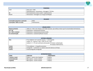 Reprodução proibida. @dediostephannie 27
PANCREAS
I e II Dieta zero + SNG
Desbridamento + hemostasia + drenagem 7-10 dias
III Pancreatectomia corpo-caudal + esplenectomia
IV e V Hemostasia + drenagem ou cirurgia de Whipple
DELGADO
Lacerações pequenas e pontuais Rafia
Lacerações >50% ou varias Enterectomia
CÓLON E RETO
Reparo primário Rafia se < 4-6h, sem choque, sem lesão vascular, que utilizou menor que 6 concentrados de hemácias.
Dx > 6h Colectomia + anastomose primaria
Se > 50% e instável Colectomia + anastomose primaria tardia
Se contaminação Colectomia + colostomia/fistula mucosa
SISTEMA URINARIO
Rim TC de abdome com contrate venoso -> arteriografia
Lesões I-III : repouso 7 dias + ATB +TC em 1 mês
Lesões IV - V: TC com contraste extravasado → Estável: embolização
→ Instável: Nefrectomia.
Ureter TC de abdome -> Urografia excretora
Bexiga Cistografia -> cistotomia ou cateter vesical de demora (14 dias)
Uretra Uretrocistografia retrógrada
RETROPERITONEAL
ZONA CONTUSO PENETRANTE
1 (aorta e cava) Explora - exceto retro-hepático Explora
2 (rim/adrenal) Não explora - exceto instável Explora
3 (pelve) Não explora - exceto instável Explora
 