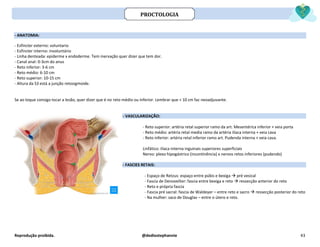 Reprodução proibida. @dediostephannie 43
- ANATOMIA:
- Esfíncter externo: voluntario
- Esfíncter interno: involuntário
- Linha denteada: epiderme x endoderme. Tem inervação quer dizer que tem dor.
- Canal anal: 0-3cm do anus
- Reto inferior: 3-6 cm
- Reto médio: 6-10 cm
- Reto superior: 10-15 cm
- Altura da S3 está a junção retosigmoide.
Se ao toque consigo tocar a lesão, quer dizer que é no reto médio ou inferior. Lembrar que < 10 cm faz neoadjuvante.
- VASCULARIZAÇÃO:
- Reto superior: artéria retal superior ramo da art. Mesentérica inferior + veia porta
- Reto médio: artéria retal media ramo da artéria ilíaca interna + veia cava
- Reto inferior: artéria retal inferior ramo art. Pudenda interna + veia cava.
Linfático: ilíaca interna inguinais superiores superficiais
Nervo: plexo hipogástrico (incontinência) x nervos retos inferiores (pudendo)
- FASCIES RETAIS:
- Espaço de Retzus: espaço entre púbis e bexiga → pré vesical
- Fascia de Denovellier: fascia entre bexiga e reto → ressecção anterior do reto
- Reto e própria fascia
- Fascia pré sacral: fascia de Waldeyer – entre reto e sacro → ressecção posterior do reto
- Na mulher: saco de Douglas – entre o útero e reto.
PROCTOLOGIA
 