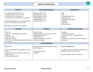 Reprodução proibida. @dediostephannie 49
FISIOPATO CLASSIFICAÇÃO OBESIDADE COMORBIDADES
- Cel. oxinticas: grelina alta → fome
- Adipocito: leptina alta → sem fome
- íleo: GLP1/PYY alto → sem fome
- Duodeno e jejuno: GIP/CCK alto → sem fome
Todos são anorexígeno, menos a grelina. Então a
grelina tem que baixar pra não ter fome.
Obesidade: muita grelina e pouca leptina.
- Sobrepeso: IMC 25-29
- Obesidade grau I: 30-35
-Obesidade grau II: 35- 39
- Obesidade grau III: >40
- Superobesidade: ≥50
- Super-superobeso: ≥ 60
- HAS
- DM
- Artropatia degenerativa
- Apneia do sono
- Cardiopatia da obesidade
- Limitações
- Depressão
- Estigmação social
INDICAÇÃO CONDIÇÃO CUIDADO PÓS OPERATORIO
- IMC > 40
- IMC > 35 + comorbidades relacionados a
obesidade
- Excesso de 45kg
- 100% acima do peso
- IMC 30-35 + comorbidade grave (DM 2 intratável
em > 30 anos)
- Obeso há 2 anos
- Falha terapêutica por 3-6 meses em 2 anos
- Não dependente químico
- Idade 18-65 anos
- Ausência de distúrbios endócrinos
- Avaliação psicológica.
- Analgesia
- Fisioterapia respiratória
- Profilaxia TVP: meia + heparina BPM 24h
(clexane)
- Deiscência de anastomose → não sente dor, fica
taquicardico.
TECNICAS CIRURGICAS
RESTRITIVAS:
- Gastroplastia de Mason: banda gástrica vertical
(30ml)
- Sleeve Gastrectomy: gastrectomia vertical em
manga (+usado)
- Banda gástrica ajustável.
MISTAS RESTRITIVAS: BYPASS gástrico (30ml) + Y
Roux (75-150 cm)
- Fobi-capello (+usada)
- Wittgrove
MISTAS DISABSORTIVAS:
- Cirurgia de Scopinaro: derivação biliopancreatica
(200ml) e canal comum com 50 cm.
- Duodenal Switch: canal comum 100 cm.
CIRURGIA BARIÁTRICA
 