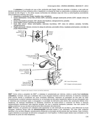 Arlindo Ugulino Netto – CIRURGIA ABDOMINAL– MEDICINA P7 – 2010.2
134
A colestase é a situação em que a bile, produzida pelo fígado, falha em alcançar o duodeno, e isto pode ser
devido a distúrbios do fluxo existente entre o hepatócito e a ampola de Vater ou relacionado a problemas de produção e
excreção da bile (Figura 1). Há várias causas conhecidas de colestase (seja ela intra ou extra-hepática) acometendo
sítios anatômicos distintos, tais como:
 Hepatócitos e canalículos: Drogas, hepatites virais, estrogênios.
 Ductos interlobulares: Cirrose biliar primária (CBP), sarcoidose, colangite esclerosante primária (CEP), rejeição crônica do
aloenxerto.
 Ductos intra-hepáticos principais: CEP, cálculos intra-hepáticos, colangiocarcinoma, parasitas.
 Ducto hepático comum: Carcinoma da vesícula biliar
 Ducto biliar comum: Atresia extra-hepática, estenoses traumáticas, CEP, cistos de colédoco, parasitas, hemobilia,
colangiocarcinoma.
 Região periampular: Cálculos, tumores de cabeça de pâncreas, pancreatite crônica, neoplasias periampulares, anomalias da
junção biliopancreática.
OBS
3
: Como vimos a propósito da OBS
2
, a colestase é caracterizada por icterícia, colúria e acolia fecal (síndrome
colestática). Contudo, note que a colestase não é uma situação inerente à icterícia obstrutiva. A síndrome colestática
pode ocorrer devido a problemas em duas condições diferentes: distúrbios na passagem da bile pela via biliar
(caracterizando a própria colestase obstrutiva) ou na excreção da bile pelos hepatócitos depois da sua conjugação (isto
é: distúrbios que acontecem após a conjugação e a excreção da bilirrubina para dentro dos canalículos biliares intra-
hepáticos). As doenças hereditárias ou familiares (síndrome de Dubin-Johson e síndrome do Rotor) e doenças
hepatocelulares caracterizam esta segunda situação, em que o paciente apresenta colestase, mas sem possuir um
defeito anatômico na sua via biliar propriamente dita (colestase não-obstrutiva).
OBS
4
: Portanto, um paciente com colestase pode apresentar ou não obstrução da via biliar e, para diferenciar as duas
situações, podemos lançar mão da ultrassonografia (principal exame a ser solicitado). Por meio dela, podemos
identificar uma via biliar dilatada, caracterizando problemas na excreção da bile através das vias biliares. Caso contrário,
sugere distúrbios na excreção da bilirrubina conjugada em nível hepático. A diferenciação destas duas condições se faz
importante do ponto de vista terapêutico.
 