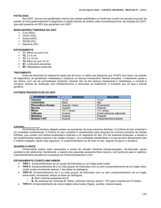 Arlindo Ugulino Netto – CIRURGIA ABDOMINAL– MEDICINA P7 – 2010.2
156
PATOLOGIA
Nos GIST, ocorre uma prolifera€•o imatura das c‚lulas epiteli‡ides ou fusiformes a partir da camada muscular da
parede do trato gastrointestinal O diagn‡stico ‚ obtido atrav‚s da an†lise, pela imunohistoqu„mica, da muta€•o do C-KIT,
que est† presente em 95% dos pacientes com GIST.
MARCADORES TUMORAIS DO GIST
 C-kit (95%)
 CD34 (70%)
 Actina (40%)
 PS100 (5%)
 Desmina (2%)
ESTADIAMENTO
 T1. Menor do que 2 cm
 T2. 2 a 5 cm
 T3. 5 a 10 cm
 T4. Maior do que 10 cm
 N1. Linfonodos presentes
 M1. Met†stases presentes
TRATAMENTO
Antes da descri€•o do tratamento deste tipo de tumor, ‚ valido que saibamos que 10-30% dos casos, na ocasi•o
do diagn‡stico, j† apresentam met†stases ‹ distancia ou doen€a irressec†vel. Nestas situa€‰es, o tratamento passa a
ser cl„nico, com uso de quimioterapia (Imatinib). Quando n•o se tem doen€a irressec†vel e met†stases, a conduta ‚
cirŠrgica, atrav‚s da ressec€•o sem linfadenectomia e, associado ao tratamento, ‚ prudente que se fa€a o estudo
gen‚tico.
FATORES PROGÓSTICOS DO GIST
LINFOMAS
Os linfomas de intestino delgado podem se apresentar de duas maneiras distintas: (1) linfoma do tipo ocidental e
(2) variedade mediterr…nea. O linfoma do tipo ocidental ‚ caracterizado pela presen€a de tumores prim†rios de c‚lulas
linf‡ides, que cursam com les‰es localizadas e restritas a um segmento do „leo. Por ser bastante localizada, a terapia a
ser implementada nestes tumores ‚ de car†ter cirŠrgico. J† a variedade mediterr…nea ‚ o que envolve difusamente todo
o intestino delgado, sendo mais agressivo. O comprometimento se d† mais no „leo, seguido do jejuno e duodeno.
QUADRO CLÍNICO
Clinicamente podem estar associados a surtos de oclus•o intestinal (intussuscep€•o), m†-absor€•o, perda
ponderal e dor abdominal. Geralmente, a maioria dos pacientes apresenta febre noturna, com perda de peso e calafrios.
Laboratorialmente percebe-se a presen€a da 5-hidroxiindolacetico urina
ESTADIAMENTO CLÍNICO ANN ARBOR
 TIPO I. Comprometimento de um grupo de linfonodos ou um ‡rg•o extra-nodal;
 TIPO II. Comprometimento de 2 ou mais grupos de linfonodos com ou sem comprometimento de um ‡rg•o extra-
nodal, por‚m envolvendo apenas 1 dos lados do diafragma;
 TIPO III. Comprometimento de 2 ou mais grupos de linfonodos com ou sem comprometimento de um ‡rg•o
extra-nodal, envolvendo ambos os lados do diafragma;
o A: Sem sintomas presentes em B
o B: Se presen€a de “sintomas B” (febre, sudorese noturna, perda > 10% peso corp‡reo em 6 meses)
 TIPO IV. Comprometimento de v†rios ‡rg•os extra-nodais (f„gado, pulm•o, medula ‡ssea).
ACHADOS TUMORAIS BENIGNO MALIGNO
Tamanho <5 cm >5 cm
Celularidade Baixa Alta
Pleomorfismo Nuclear Ausente / m„nim Proeminente
Necrose Ausente Presente
Mitose <0-1 / campo 1-5 / campo
Infiltração Ausente Invade estruturas adjacentes
Metástase Ausente Presente
Mutação C-KIT Ausente Freq•entemente presente
 