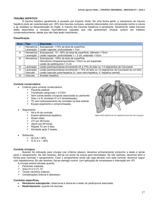 Arlindo Ugulino Netto – CIRURGIA ABDOMINAL– MEDICINA P7 – 2010.2
17
TRAUMA HEPÁTICO
O trauma hep†tico geralmente ‚ causado por impacto direto. De uma forma geral, o mecanismo do trauma
hep†tico pode ser caracterizado por: 20% dos traumas contusos, estando relacionados com compress•o (entre a coluna
e as costelas) ou desacelera€•o do ‡rg•o. A maioria dos traumas hep†ticos ‚ penetrante. Geralmente, estes traumas
est•o associados a choques hipovolƒmicos (aqueles que n•o apresentam choque, podem ser tratados
conservadoramente, desde que n•o haja les•o importante).
Classificação.
Grau Tipo Descrição
I Hematoma
Lacera€•o
Subcapsular, <10% da †rea de superf„cie
Les•o capsular, profundidade < 1cm
II Hematoma
Lacera€•o
Subcapsular, 10 – 50% da †rea de superf„cie, di…metro <10cm
Les•o capsular, profundidade 1 – 3 cm, extens•o <10cm
III Hematoma Subcapsular, >50% da †rea de superf„cie
Hematoma intraparenquimatoso >10cm ou em expans•o
Les•o de parƒnquima > 3 cm
IV Lacera€•o Les•o parenquimatosa envolvendo 25 a 75% do lobo ou 1-3 segmentos de Couinauld
V Lacera€•o
Vascular
Les•o parenquimatosa envolvendo > 75% do lobo ou >3 segmentos de Couinauld de um lobo
Les•o vascular justa-hep†tica (V. cava retro-hep†tica, V. hep†tica central)
VI Vascular Avuls•o hep†tica
Conduta conservadora.
 Crit‚rios para conduta conservadora:
 Paciente est†vel;
 Transfus•o sangu„nea < 2 CGV;
 Sem outras les‰es cirŠrgicas associadas ou peritonite;
 Grau I a III, duvidoso IV a V (emboliza€•o);
 TC sem extravasamento de contraste na fase arterial;
 Equipe experiente e compromissada.
 Seguimento:
 Hb e Ht de controle;
 Exame abdominal repetitivo;
 Sinais vitais;
 UTI por 48 horas;
 Jejum por 48 horas;
 Repete TC em 5 dias;
 Atividade ap‡s 3 meses.
 Sobrevida:
 GI a III > 90%
 G IV e V ~ 80%
Conduta cirúrgica.
Quando h† indica€•o para cirurgia (ver crit‚rios abaixo), devemos primeiramente comprimir a les•o e tentar
parar o sangramento. Se n•o resolveu, dar-se um ponto de sutura para hemostasia. Se n•o resolveu, devemos abrir a
ferida para controlar o sangramento. Caso o sangramento ainda n•o seja aliviado com esta conduta, devemos seguir
com hepatectomia. Se n•o resolveu, faz-se damage control, com aplica€•o de compressas e interna€•o em UTI.
A cirurgia estar† indicada quando:
 Pacientes inst†veis;
 Grau IV e V (?), VI;
 Tecido necr‡tico extenso;
 Complica€‰es (biloma e abscesso)
Condutas específicas.
 Hematoma subcapsular: observa-se e drena-se a les•o do parƒnquima associada.
 Desbridamento: quando h† necrose.
 
