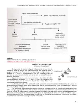 Arlindo Ugulino Netto; Luiz Gustavo Correia; Yuri L. Eloy – CIRURGIA DE CABE•A E PESCO•O – MEDICINA P6 – 2010.1
31
FAMENE
NETTO, Arlindo Ugulino; CORREIA, Luiz Gustavo.
CIRURGIA DE CABEÇA E PESCOÇO
TUMORES DA CAVIDADE ORAL
(Professor Marcos Marchi)
O diagnóstico de lesões malignas, independente do seu sítio de
instalação, deve ser feito o mais precoce possível, sob pena de piorar o
prognóstico do paciente. Pacientes com tumores malignos diagnosticados em
estágios T1, T2, T3 ou T4 apresentam 95%, 70%, 60% e menos que 40% de
chances de cura, respectivamente, sem contar com as perdas funcionais e
estéticas associadas.
É, portanto, extremamente importante realizar o diagnóstico de lesões
cancerígenas entre os estádios T1 e T2, isto é, 70 a 95% de chances de cura
nos primeiros cinco anos de tratamento. A partir dos estádios T3 e T4, as
chances de cura são mais remotas.
Atualmente, com toda a infra-estrutura de saúde que se tem acesso, é inadmissível o diagnóstico de tumores em
estadios avançados. Mesmo assim, ainda existem cifras altas de diagnósticos tardios. O que explica este fato é carência
de um exame físico bem feito.
Este fato ocorre, fundamentalmente, com os tumores da cavidade oral. Por se tratar de uma região ampla e de
difícil avaliação, alguns profissionais não analisam todas as regiões da mesma. Acontece muito frequentemente em
casos de linfoma, em que ocorre um abaulamento da loja amigdaliana, mas que muitos médicos generalistas tratam com
Benzetacil por longos períodos suspeitando de infecções. Só depois de muito tempo sem relato de melhora é que o
profissional encaminha para outro especialista. Contudo, não há justificativas: se o tratamento instituído não surte efeito,
ou o tratamento está errado ou o diagnóstico não está correto.
 
