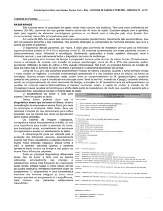 Arlindo Ugulino Netto; Luiz Gustavo Correia; Yuri L. Eloy – CIRURGIA DE CABE•A E PESCO•O – MEDICINA P6 – 2010.1
64
TUMORES DA FARINGE
NASOFARINGE
S‚o tumores raros na popula•‚o em geral, sendo mais comuns nos asi‡ticos. Tem uma maior preferˆncia por
homens (3H:1M), ocorrendo em sua grande maioria acima dos 40 anos de idade. Guardam rela•‚o com a gen€tica,
dieta pela ingest‚o de alimentos carcinƒgenos qu„micos e, no Brasil, com a infec•‚o pelo v„rus Epstein Barr
(mononucleose), transmitida principalmente pelo beijo.
Em cerca de 90% dos casos s‚o carcinomas espinocelular (epidermƒide). Geralmente s‚o assintom‡ticos, pois
tem um pequeno tamanho e s‚o insidiosos, n‚o gerando obstru•‚o ou compress‚o de nenhuma estrutura, que leve a
queixa por parte do paciente.
O diagnƒstico desses pacientes, por vezes, € dado pela ocorrˆncia de met‡stase cervical para os linfonodos
jugulo-carot„deos (cadeia II, III e IV) e espinhais (n„vel V). Os sintomas apresentados por esses pacientes incluem o
comprometimento nasal, linfonodal e neurolƒgico. Geralmente, apresentam a tr„ade: epistaxe, obstru•‚o nasal e
linfonodo cervical, o que praticamente fecha o diagnƒstico de tumor de rinofaringe.
Nos pacientes com tumores da faringe a progress‚o tumoral pode ocorrer de v‡rias formas. Primeiramente,
ocorre a ulcera•‚o da mucosa com invas‚o do espa•o parafar„ngeo; cerca de 25 a 35% dos pacientes podem
apresentar infiltra•‚o da base do cr…nio e 10% invas‚o intracraniana. Nos EUA, os principais tumores de invas‚o de
base do cr…nio s‚o os tumores do cavo; no Brasil, o principal € o carcinoma basocelular de faringe.
Cerca de 15 a 20% dos pacientes experimentam invas‚o de nervos cranianos. Quando o tumor prim‡rio invade
o ramo maxilar do trigˆmeo, a principal sintomatologia apresentada € a dor (cefal€ia t„pica ou at„pica, na forma de
nevralgia). Quando enviam met‡stases, estas podem levar ao comprometimento do IX (glossofar„ngeo), causando
queda do v€u palatino, o que € visualizado na oroscopia como “sinal da cortina”; invas‚o do X (vago), causando disfonia,
devido ao comprometimento do ramo recorrente da laringe; a invas‚o do XI (acessƒrio) leva ao enfraquecimento ou
paralisa do mŠsculo esternocleidomastƒideo e trap€zio ocorrendo, assim, a queda do ombro; a invas‚o do XII
(hipoglosso) causa paralisia de hemil„ngua e atrofia desta parte da musculatura, de modo que, quando o paciente pŒe a
l„ngua para fora, esta desvia-se para o mesmo lado da les‚o.
O estadiamento do tumor € feito pelo
sistema TNM (ver quadro ao lado).
Dessa forma pode-se dizer que o
diagnóstico desse tipo de tumor é clínico, atrav€s
da realiza•‚o do anamnese e exame f„sico, por meio
da rinoscopia e oroscopia. Al€m disso, deve ser
realizada a biƒpsia do tipo saca-bocado para lesŒes
suspeitas, que na maioria das vezes se apresentam
como lesŒes ulceradas.
Os exames de imagem (radiografia,
tomografia e menos frequentemente a RNM), sƒ tem
uma import…ncia para avaliar a extens‚o do tumor,
sua localiza•‚o exata, acometimento de estruturas
circunjacentes e auxiliar no estadiamento da les‚o.
A ultrasonografia pode ser utilizada para a
avalia•‚o dos linfonodos cervicais, especialmente
quando n‚o foram visualizados e palpados durante o
exame f„sico (pesco•o negativo). Dessa forma a
USG € tamb€m solicitada quando o paciente
apresenta les‚o tumoral na faringe e n‚o possui ao
exame f„sico linfonodos palp‡veis.
Entre os principais diagnƒsticos diferenciais
desse tipo de tumor € feito com os tecidos
adenƒides, principalmente nas crian•as e
adolescˆncia, €poca mais frequente de crescimento
desse tecido, pƒlipos nasais e cistos nasais devido
ao quadro obstrutivo, entretanto raramente levam ao
sangramento. O sangramento € uma caracter„stica
marcante dos tumores malignos (o Šnico tumor
benigno que leva ao sangramento € o angiofibroma,
mais comum nos pacientes adolescentes
masculinos).
 