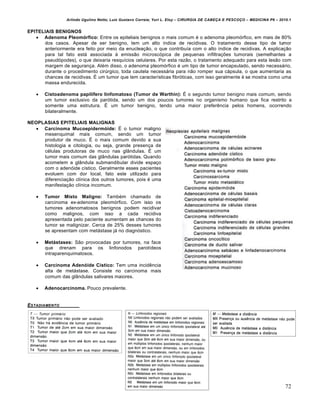 Arlindo Ugulino Netto; Luiz Gustavo Correia; Yuri L. Eloy – CIRURGIA DE CABE•A E PESCO•O – MEDICINA P6 – 2010.1
72
EPITELIAIS BENIGNOS
 Adenoma Pleomórfico: Entre os epiteliais benignos o mais comum é o adenoma pleomórfico, em mais de 80%
dos casos. Apesar de ser benigno, tem um alto índice de recidivas. O tratamento desse tipo de tumor
anteriormente era feito por meio da enucleação, o que contribuía com o alto índice de recidivas. A explicação
para tal fato está associada à emissão microscópica de pequenas infiltrações tumorais (semelhantes a
pseudópodes), o que deixaria resquícios celulares. Por esta razão, o tratamento adequado para esta lesão com
margem de segurança. Além disso, o adenoma pleomórfico é um tipo de tumor encapsulado, sendo necessário,
durante o procedimento cirúrgico, toda cautela necessária para não romper sua cápsula, o que aumentaria as
chances de recidivas. É um tumor que tem características fibróticas, com isso geralmente é se mostra como uma
massa endurecida.
 Cistoadenoma papilífero linfomatoso (Tumor de Warthin): É o segundo tumor benigno mais comum, sendo
um tumor exclusivo da parótida, sendo um dos poucos tumores no organismo humano que fica restrito a
somente uma estrutura. É um tumor benigno, tendo uma maior preferência pelos homens, ocorrendo
bilateralmente.
NEOPLASIAS EPITELIAIS MALIGNAS
 Carcinoma Mucoepidermóide: É o tumor maligno
mesenquimal mais comum, sendo um tumor
produtor de muco. É o mais comum devido a sua
histologia e citologia, ou seja, grande presença de
células produtoras de muco nas glândulas. É um
tumor mais comum das glândulas parótidas. Quando
acometem a glândula submandibular divide espaço
com o adenóide cístico. Geralmente esses pacientes
evoluem com dor local, fato este utilizado para
diferenciação clínica dos outros tumores, pois é uma
manifestação clínica incomum.
 Tumor Misto Maligno: Também chamado de
carcinoma ex-adenoma pleomórfico. Com isso os
tumores adenomatosos benignos podem recidivar
como malignos, com isso a cada recidiva
apresentada pelo paciente aumentam as chances do
tumor se malignizar. Cerca de 25% desses tumores
se apresentam com metástase já no diagnóstico.
 Metástases: São provocadas por tumores, na face
que drenam para os linfonodos parotídeos
intraparenquimatosos.
 Carcinoma Adenóide Cístico: Tem uma incidência
alta de metástase. Consiste no carcinoma mais
comum das glândulas salivares maiores.
 Adenocarcinoma. Pouco prevalente.
ESTADIAMENTO
 