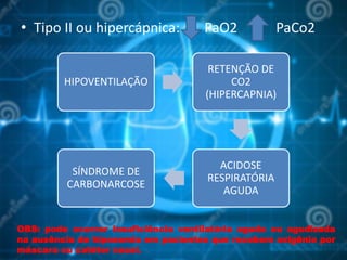 • Tipo II ou hipercápnica: PaO2 PaCo2
HIPOVENTILAÇÃO
RETENÇÃO DE
CO2
(HIPERCAPNIA)
ACIDOSE
RESPIRATÓRIA
AGUDA
SÍNDROME DE
CARBONARCOSE
OBS: pode ocorrer insuficiência ventilatória aguda ou agudizada
na ausência de hipoxemia em pacientes que recebem oxigênio por
máscara ou catéter nasal.
 