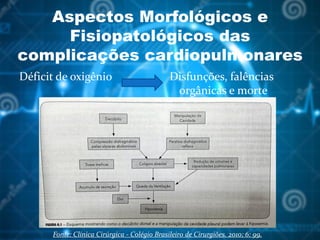 Aspectos Morfológicos e
Fisiopatológicos das
complicações cardiopulmonares
Déficit de oxigênio Disfunções, falências
orgânicas e morte
Fonte: Clínica Cirúrgica - Colégio Brasileiro de Cirurgiões. 2010; 6: 99.
 