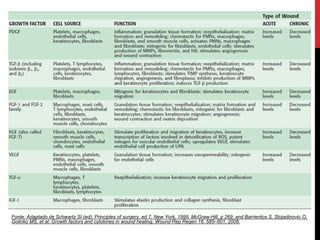 Fonte: Adaptado de Schwartz SI (ed): Principles of surgery, ed 7, New York, 1999, McGraw-Hill, p 269; and Barrientos S, Stojadinovic O,
Golinko MS, et al: Growth factors and cytokines in wound healing. Wound Rep Regen 16: 585–601, 2008.
 
