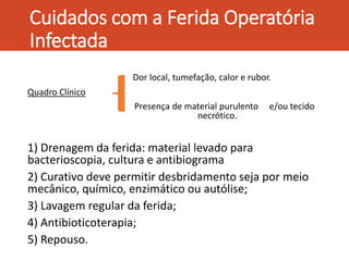 Cuidados com a Ferida Operatória
Infectada
Dor local, tumefação, calor e rubor.
Quadro Clínico
Presença de material purulento e/ou tecido
necrótico.
1) Drenagem da ferida: material levado para
bacterioscopia, cultura e antibiograma
2) Curativo deve permitir desbridamento seja por meio
mecânico, químico, enzimático ou autólise;
3) Lavagem regular da ferida;
4) Antibioticoterapia;
5) Repouso.
 