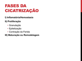 FASES DA
CICATRIZAÇÃO
I) Inflamatória/Hemostasia
II) Proliferação
• Granulação
• Epitelização
• Contração da Ferida
III) Maturação ou Remodelagem
 