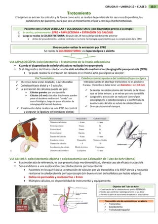 10.3
CIRUGIA II – UNIDAD 10 – CLASE 3
VIA LAPAROSCÓPIA: colecistectomía + Tratamiento de la litiasis coledociana
 Cuando el diagnostico de coledocolitiasis es realizado intraoperatorio
 Si el diagnóstico de litiasis coledociana ha sido establecido mediante la colangiografía peroperatoria (CPO):
 Se pude realizar la extracción de cálculos en el mismo acto quirúrgico ya sea por:
Vía Transcistica Coledocotomía (apertura del colédoco) laparoscópica
 El cístico debe estar dilatado, o ser dilatable
 Coledocolitiasis distal y < 5 cálculos
 La extracción de cálculos puede ser por:
 Cálculos grandes: por una canastilla
 Cálculos (<2 mm): ubicados distalmente pueden
pasar al duodeno mediante el "lavado" con
suero fisiológico, luego de pasar el catéter de
colangiografía hasta el duodeno.
 Finalmente debe realizarse una CPO de control
y asegurar la ligadura del conducto cístico.
Indicada cuando el abordaje transcistico no es posible o
fracasa. El colédoco debe tener un diámetro = o > 10 mm
 Se realiza la coledocotomia del tamaño de la litiasis
que se debe extraer, y se extrae por una canastilla
 Luego de la extracción se realiza el control por
colangiografía o coledocoscopía y si confirmada la
ausencia de cálculos se sutura la coledocotomía
 Drenaje abdominal siempre.
VIA ABIERTA: colecistectomía Abierta + coledocotomía con Colocación de Tubo de Kehr (dreno)
 Es considerada de referencia, ya que presenta baja morbimortalidad, elevada tasa de eficacia y accesible
 Son candidatos a una exploración con coledocotomía por laparotomía:
 Pacientes en los que fracasa la extracción de cálculos por vía transcística o la ERCP previa y no pueda
realizarse la coledocotomía por laparoscopía (sin buena visión del colédoco por tejido adiposo).
 Cístico no permeable y colédoco fino < 8 mm
 Múltiples cálculos, no disponibilidad de instrumental y equipamiento.
Objetivo del Tubo de Kehr
1. Cicatrización de la coledocotomía y evita ESTENOSIS
2. Medio para controlar radiológicamente la vía biliar
3.-Permite la adm de soluciones terapéuticas a la vía biliar.
Tres posibles vías de exploración por via abierta
 Transcística
 Coledoctomía
 Transduodenopapilar
Tratamiento
El objetivo es extraer los cálculos y la forma como esto se realice dependerá de los recursos disponibles, las
condiciones del paciente, para que sea un tratamiento eficaz y con baja morbimortalidad.
Paciente con LITIASIS VESICULAR + COLEDOCOLITIASIS (con diagnóstico previo a la cirugía)
1) Se realiza, primeramente: CPRE + PAPILECTOMIA + EXTRACIÓN DEL CALCULO
2) Luego se realiza la COLECISTECTOMIA: después de 24 horas del procedimiento anterior
 Antes del procedimiento: se debe controlar si no tiene hemorragia o pancreatitis que es complicación de la CPRE.
Si no se pudo realizar la extracción por CPRE
Se realiza la COLEDOCOTOMIA: vía laparoscópica o abierta
 