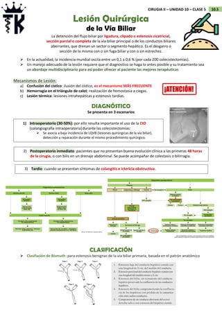 10.5
CIRUGIA II – UNIDAD 10 – CLASE 5
 En la actualidad, la incidencia mundial oscila entre un 0,1 a 0,6 % (por cada 200 colecistectomías).
 Un manejo adecuado de la lesión requiere que el diagnostico se haga lo antes posible y su tratamiento sea
un abordaje multidisciplinario para así poder ofrecer al paciente las mejores terapéuticas
Mecanismos de Lesión:
a) Confusión del cístico: ilusión del cístico, es el mecanismo MÁS FRECUENTE
b) Hemorragia en el triángulo de calot: realización de hemostasia a ciegas.
c) Lesión térmica: lesiones intrahepáticas y estenosis tardías.
CLASIFICACIÓN
 Clasifación de Bismuth: para estenosis benignas de la vía biliar primaria, basada en el patrón anatómico
Lesión Quirúrgica
de la Vía Biliar
La detención del flujo biliar por ligadura, clipado o estenosis cicatricial,
sección parcial o completa de la vía biliar principal o de los conductos biliares
aberrantes, que drenan un sector o segmento hepático. Es el desgarro o
sección de la misma con o sin fuga biliar y con o sin estrechez.
DIAGNÓSTICO
Se presenta en 3 escenarios
1) Intraoperatorio (30-50%): por ello resulta importante el uso de la CIO
(colangiografía intraoperatoria)durante las colecistectomías:
 Se asocia a baja incidencia de LQVB (lesiones quirúrgicas de la vía biliar),
detección y reparación durante el mismo procedimiento quirúrgico.
2) Postoperatorio inmediato: pacientes que no presentan buena evolución clínica a las primeras 48 horas
de la cirugía, o con bilis en un drenaje abdominal. Se puede acompañar de colestasis o bilirragia.
3) Tardío: cuando se presentan síntomas de colangitis e ictericia obstructiva.
 