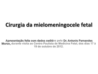 Cirurgia da mielomeningocele fetal

  Apresentação feita com dados cedidos pelo Dr. Antonio Fernandes
                                  cedid
Moron, durante visita ao Centro Paulista de Medicina Fetal, dos dias 17 à
                         19 de outubro de 2012.
 