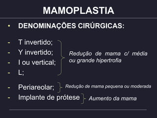 MAMOPLASTIA
• DENOMINAÇÕES CIRÚRGICAS:
- T invertido;
- Y invertido;
- I ou vertical;
- L;
- Periareolar;
- Implante de prótese
Redução de mama c/ média
ou grande hipertrofia
Redução de mama pequena ou moderada
Aumento da mama
 