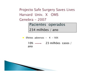 Projecto Safe Surgery Saves Lives
Harvard Univ. X OMS
Genebra - 2007
     Pacientes operados
     234 milhões / ano

   Efeitos adversos - 4 - 16%

     10%          23 milhões casos /
     ano
 