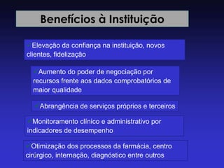 Benefícios à Instituição 
Elevação da confiança na instituição, novos clientes, fidelização 
Aumento do poder de negociação por recursos frente aos dados comprobatórios de maior qualidade 
Abrangência de serviços próprios e terceiros 
Monitoramento clínico e administrativo por indicadores de desempenho 
Otimização dos processos da farmácia, centro cirúrgico, internação, diagnóstico entre outros  