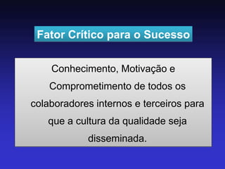 Fator Crítico para o Sucesso 
Conhecimento, Motivação e Comprometimento de todos os colaboradores internos e terceiros para que a cultura da qualidade seja disseminada.  