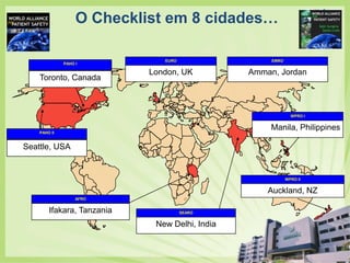 O Checklist em 8 cidades… EUROEMROPAHO ILondon, UK Amman, JordanToronto, CanadaWPRO IManila, PhilippinesPAHO IISeattle, USAWPRO IIAuckland, NZAFROIfakara, TanzaniaSEARONew Delhi, India