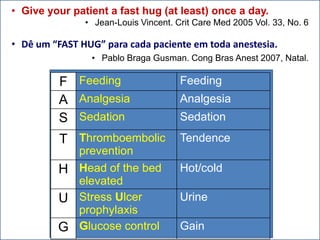 Giveyourpatient a fasthug (atleast) once a day.Jean-Louis Vincent. CritCareMed 2005 Vol. 33, No. 6Dê um “FAST HUG” para cada paciente em toda anestesia.Pablo Braga Gusman. Cong Bras Anest 2007, Natal.