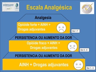 Hospital Meridional 2009AnalgesiaPERSISTENCIA OU AUMENTO DA DORPERSISTENCIA OU AUMENTO DA DOREscalaAnalgésicaOpióide forte + AINH + Drogas adjuvantesDor > 7Opióide fraco + AINH + Drogas adjuvantesDor 4 - 6AINH + Drogas adjuvantesDor 1 - 3
