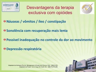 Desvantagens da terapia  exclusiva com opióidesNáuseas / vômitos / íleo / constipaçãoSonolência com recuperação mais lentaPossível inadequação no controle da dor ao movimentoDepressão respiratória Adaptado de Atcheson R et al. Management of Acute and Chronic Pain. 1998:23-50.Adaptado de Power I et al. SurgClin North Am. 1999;79:275-295. 