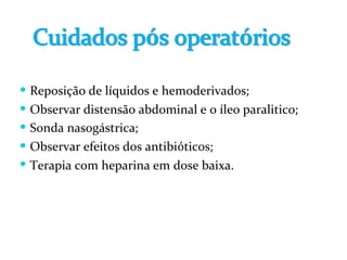 Reposição de líquidos e hemoderivados;
Observar distensão abdominal e o íleo paralitico;
Sonda nasogástrica;
Observar efeitos dos antibióticos;
Terapia com heparina em dose baixa.
Cuidados pós operatórios
 