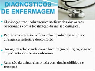 Eliminação traqueobronquica ineficaz das vias aéreas
relacionada com a localização da incisão cirúrgica;;
Padrão respiratorio ineficaz relacionado com a incisão
cirurgica,anestesia e desconforto
Dor aguda relacionada com a localização cirurgica,posição
do paciente e distensão adominal
Retensão da urina relacionada com dor,imobilidade e
anestesia
 