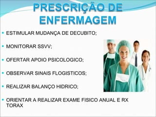 ESTIMULAR MUDANÇA DE DECUBITO;
MONITORAR SSVV;
OFERTAR APOIO PSICOLOGICO;
OBSERVAR SINAIS FLOGISTICOS;
REALIZAR BALANÇO HIDRICO;
ORIENTAR A REALIZAR EXAME FISICO ANUAL E RX
TORAX
 