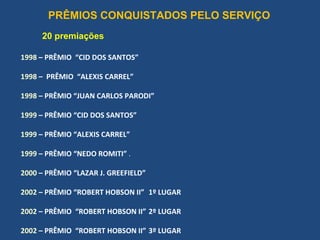 PRÊMIOS CONQUISTADOS PELO SERVIÇO
     20 premiações

1998 – PRÊMIO “CID DOS SANTOS”

1998 – PRÊMIO “ALEXIS CARREL”

1998 – PRÊMIO “JUAN CARLOS PARODI”

1999 – PRÊMIO “CID DOS SANTOS”

1999 – PRÊMIO “ALEXIS CARREL”

1999 – PRÊMIO “NEDO ROMITI” .

2000 – PRÊMIO “LAZAR J. GREEFIELD”

2002 – PRÊMIO “ROBERT HOBSON II” 1º LUGAR

2002 – PRÊMIO “ROBERT HOBSON II” 2º LUGAR

2002 – PRÊMIO “ROBERT HOBSON II” 3º LUGAR
 
