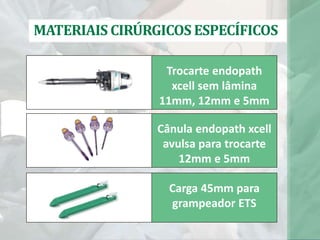 MATERIAIS CIRÚRGICOS ESPECÍFICOS
Trocarte endopath
xcell sem lâmina
11mm, 12mm e 5mm
Cânula endopath xcell
avulsa para trocarte
12mm e 5mm
Carga 45mm para
grampeador ETS
 