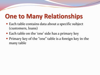 One to Many Relationships
 Each table contains data about a specific subject
  (customers, loans)
 Each table on the ‘one’ side has a primary key
 Primary key of the “one” table is a foreign key in the
  many table
 